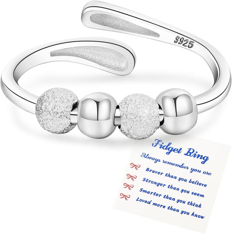 Senteria Anxiety Rings for Women Sterling Silver Rings Adjustable Stress Spinner Rings with Beads Fidget Rings for Anxiety Women - Image 1